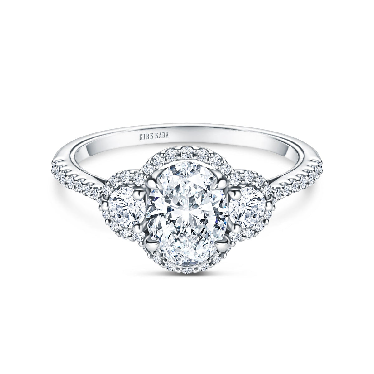 Three Stone Halo Round Side Stone Diamond Engagement Ring