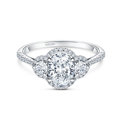 Three Stone Halo Round Side Stone Diamond Engagement Ring