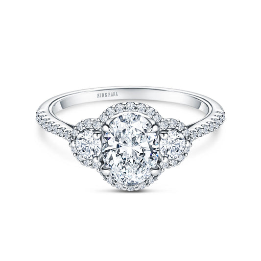 Three Stone Halo Round Side Stone Diamond Engagement Ring