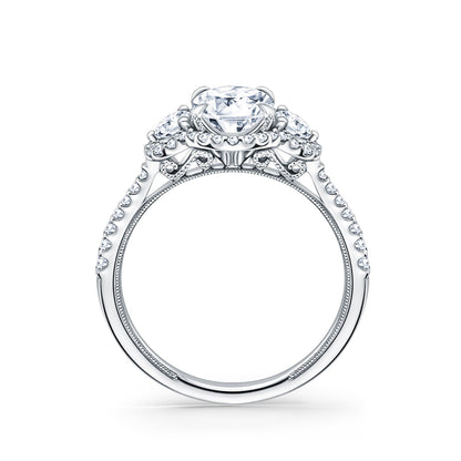 Three Stone Halo Round Side Stone Diamond Engagement Ring