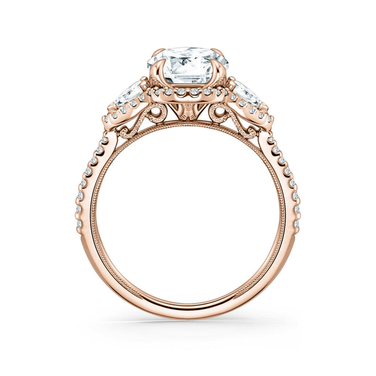 Three Stone Halo Pear Side Stone Diamond Engagement Ring