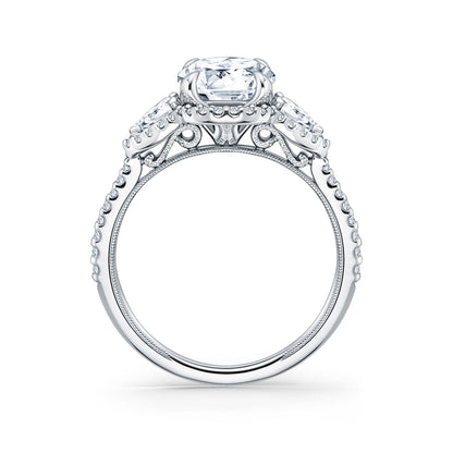 Three Stone Halo Pear Side Stone Diamond Engagement Ring