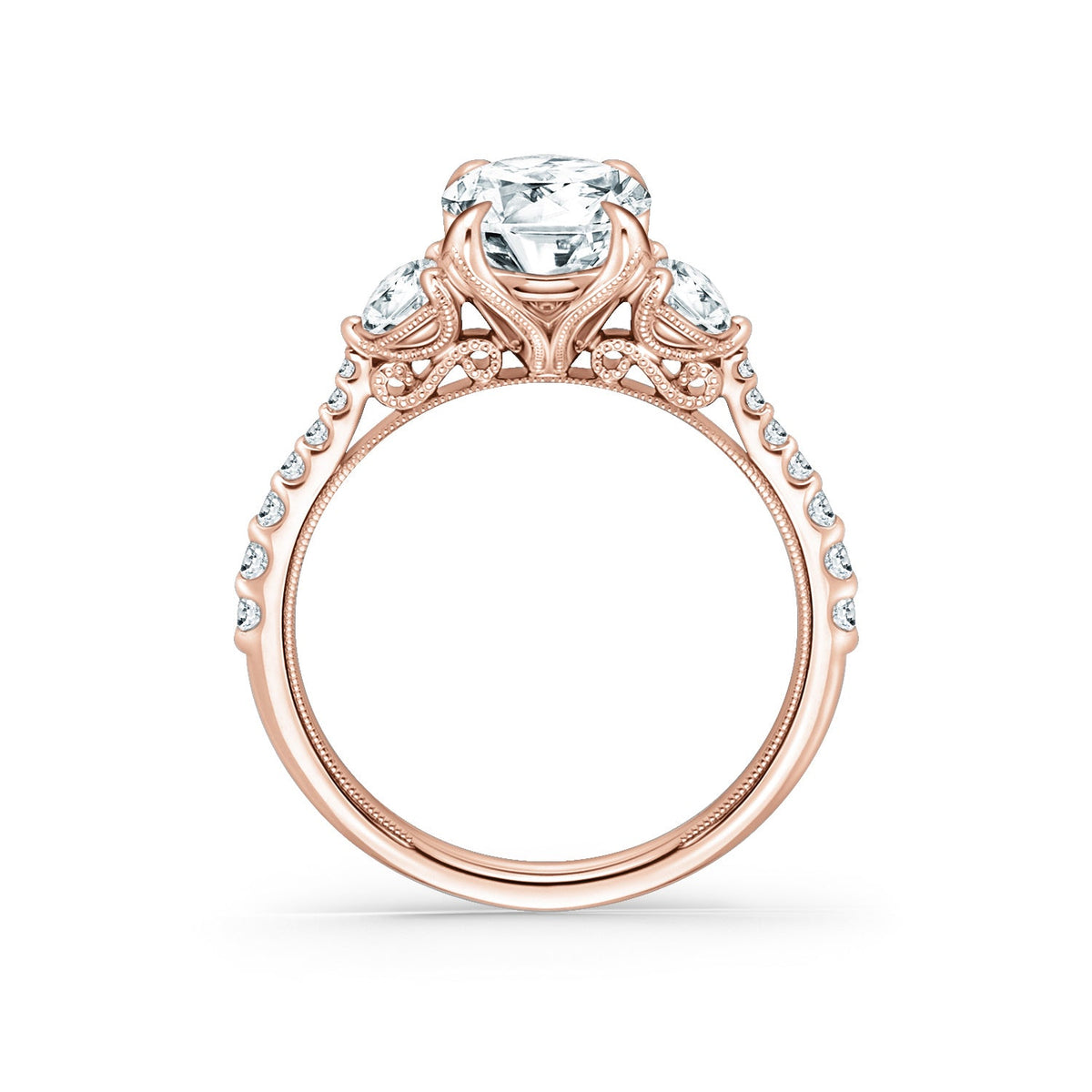 Wide Three Stone Round Side Stone Diamond Accent Engagement Ring