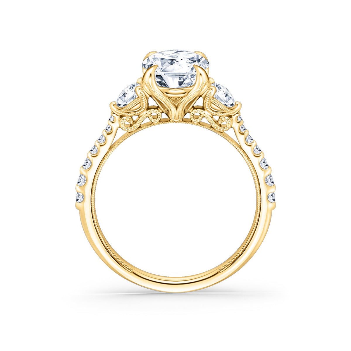 Wide Three Stone Round Side Stone Diamond Accent Engagement Ring