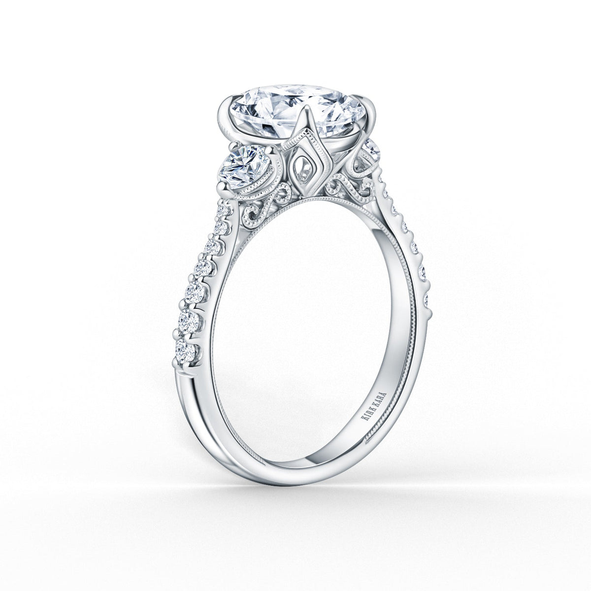 Wide Three Stone Round Side Stone Diamond Accent Engagement Ring