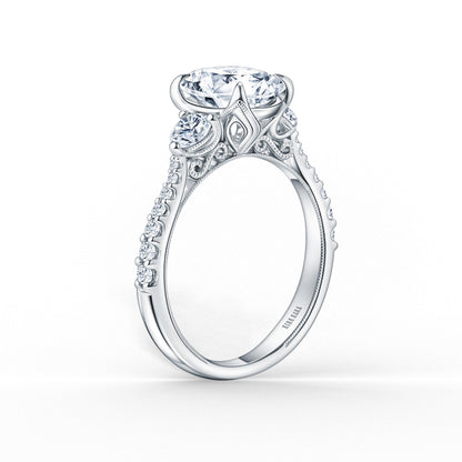 Wide Three Stone Round Side Stone Diamond Accent Engagement Ring
