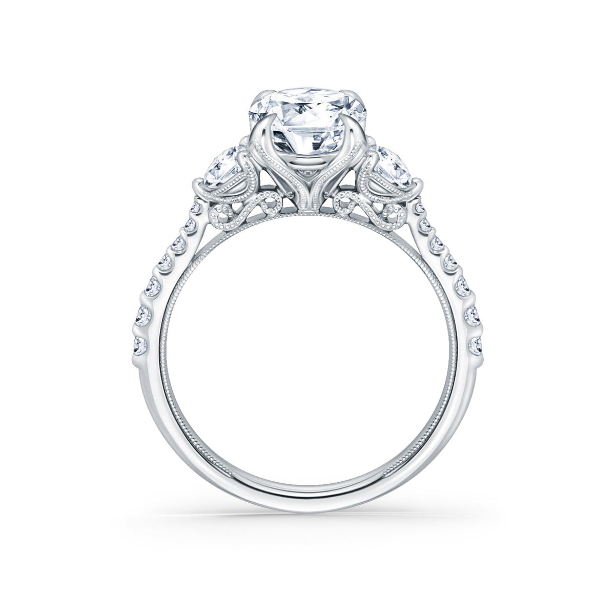 Wide Three Stone Round Side Stone Diamond Accent Engagement Ring