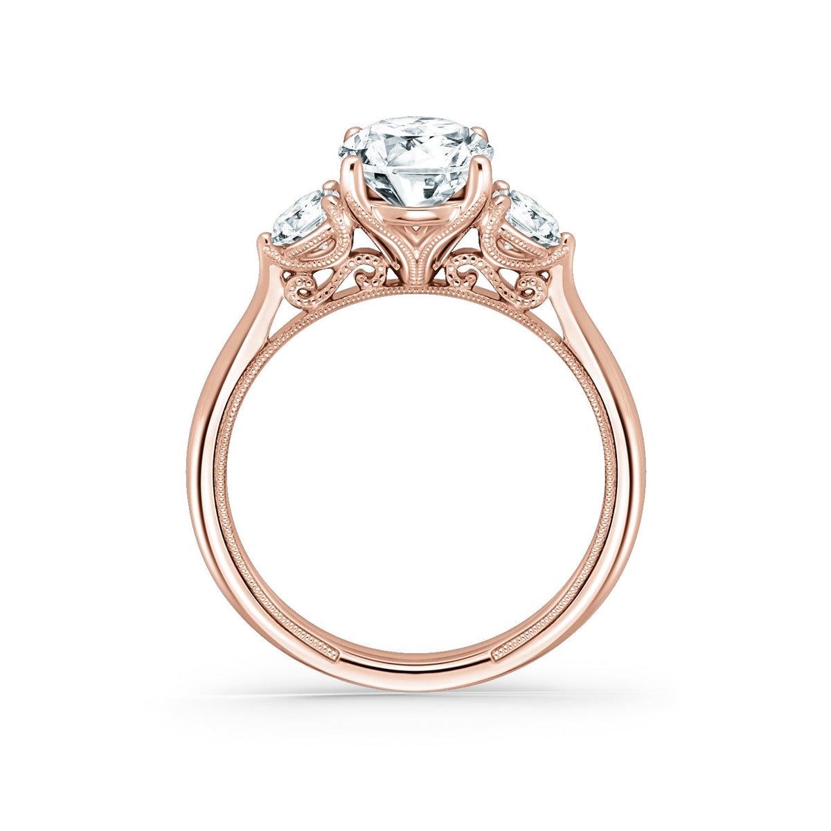Wide Three Stone Round Side Stone Diamond Engagement Ring