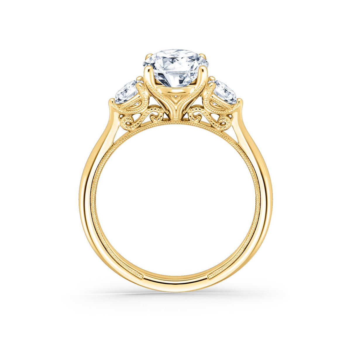 Wide Three Stone Round Side Stone Diamond Engagement Ring