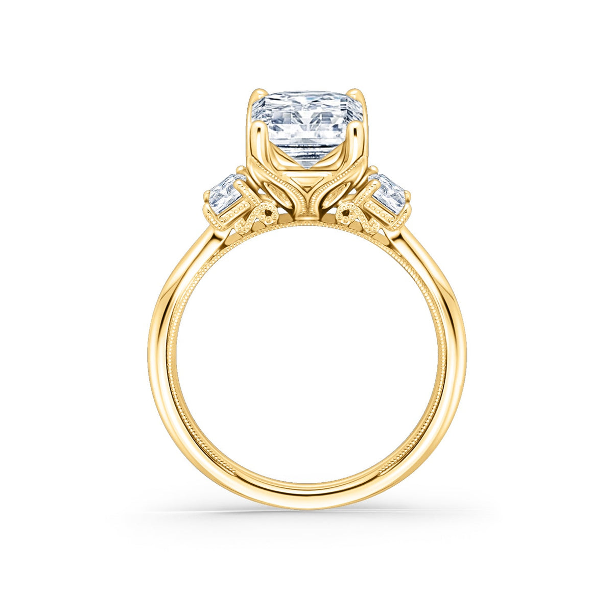 Wide Three Stone Emerald Side Stone Diamond Engagement Ring