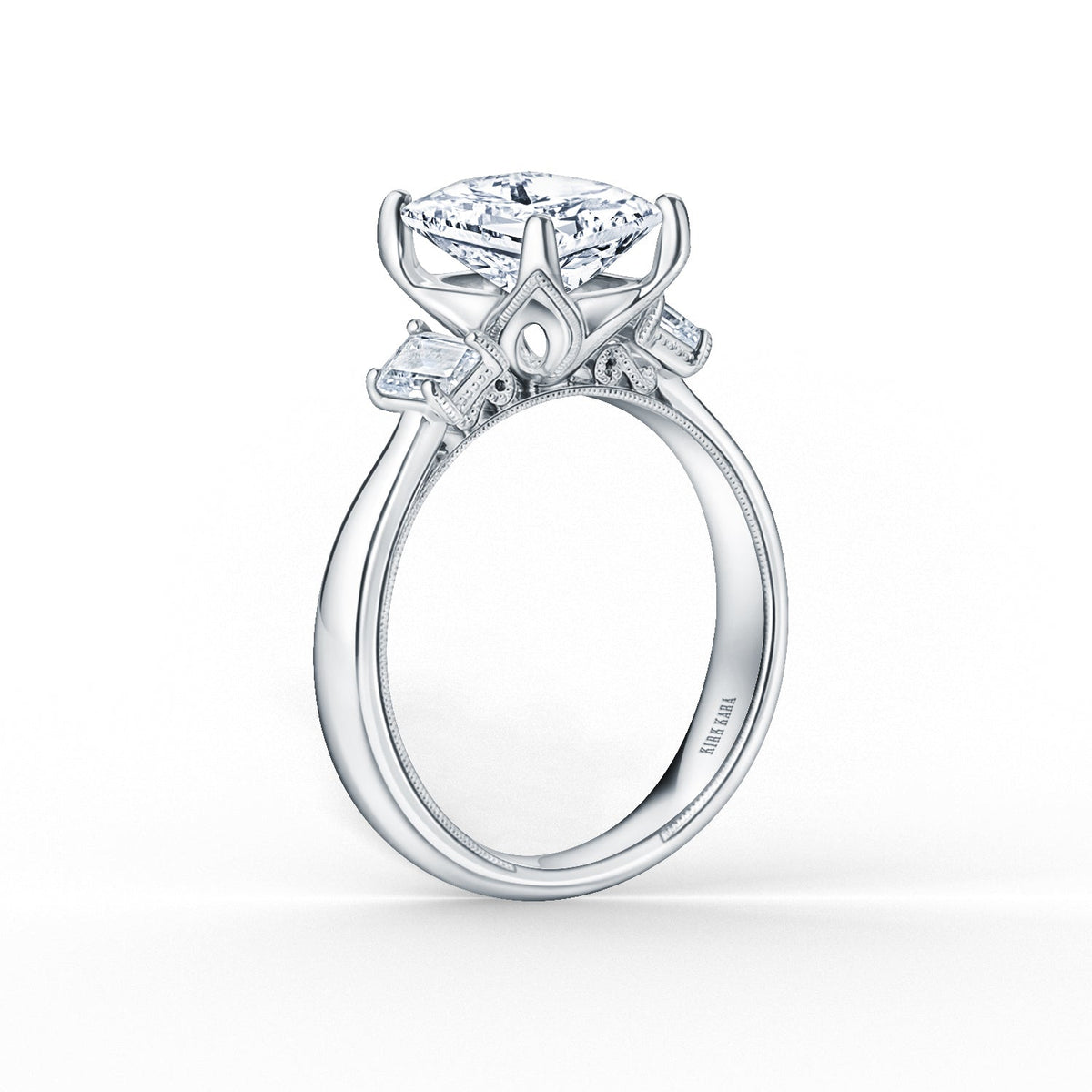 Wide Three Stone Emerald Side Stone Diamond Engagement Ring