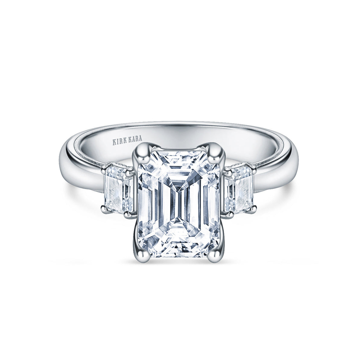 Wide Three Stone Emerald Side Stone Diamond Engagement Ring