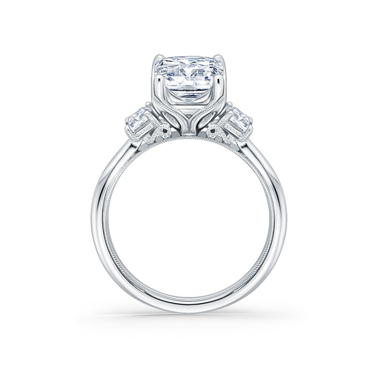 Wide Three Stone Emerald Side Stone Diamond Engagement Ring