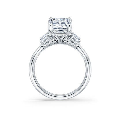 Wide Three Stone Emerald Side Stone Diamond Engagement Ring