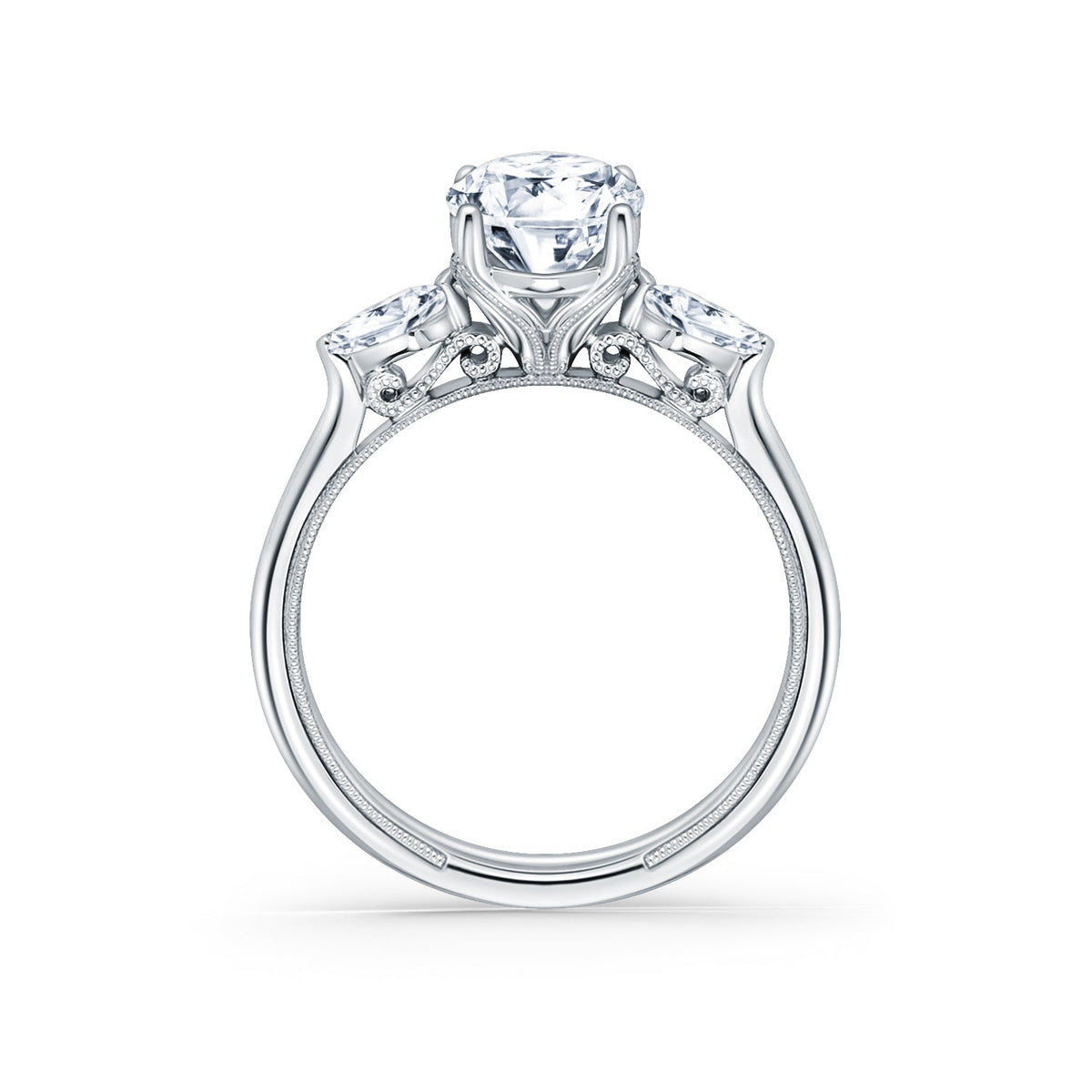 Wide Three Stone Kite Side Stone Diamond Engagement Ring