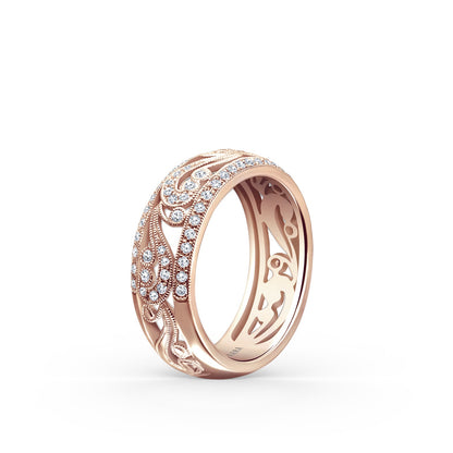Swirl Milgrain Wide Domed Diamond Wedding Band