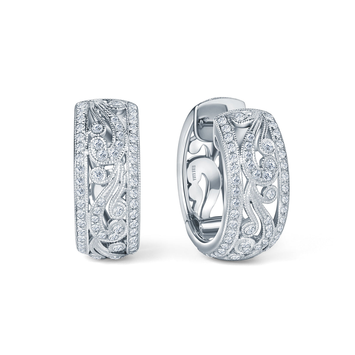 Swirl Milgrain Wide Domed Diamond Hoop Earrings