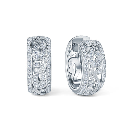 Swirl Milgrain Wide Domed Diamond Hoop Earrings