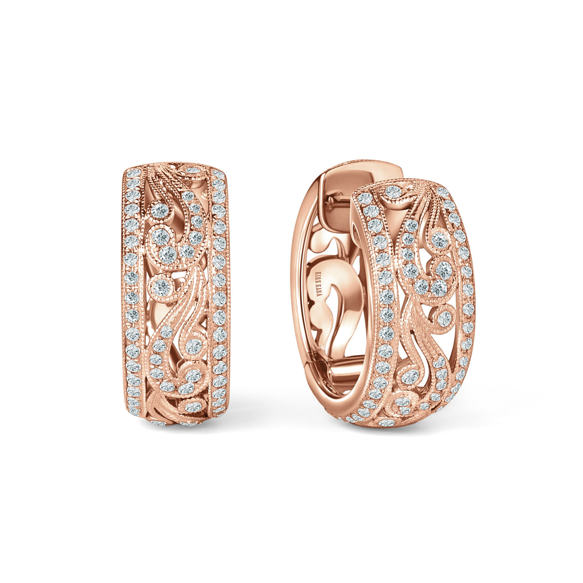 Swirl Milgrain Wide Domed Diamond Hoop Earrings