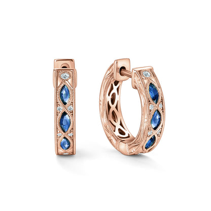 Engraved Blue Sapphire Floral Diamond Hoop Earrings