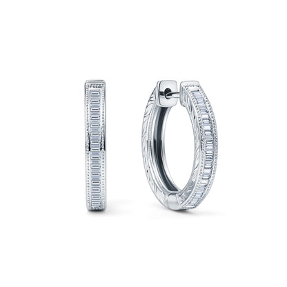 Channel Set Milgrain Baguette Diamond Hoop Earrings