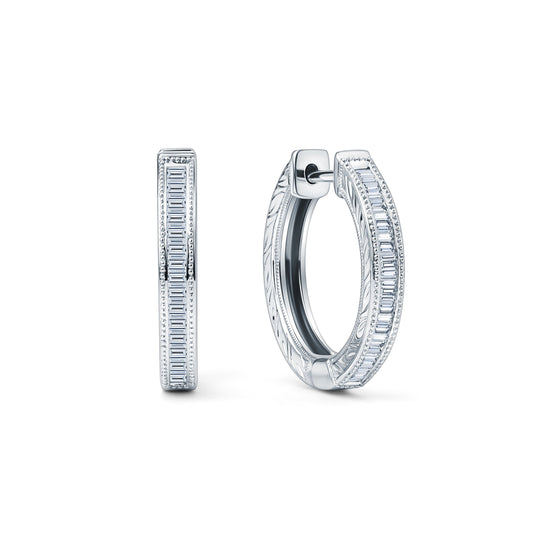 Channel Set Milgrain Baguette Diamond Hoop Earrings