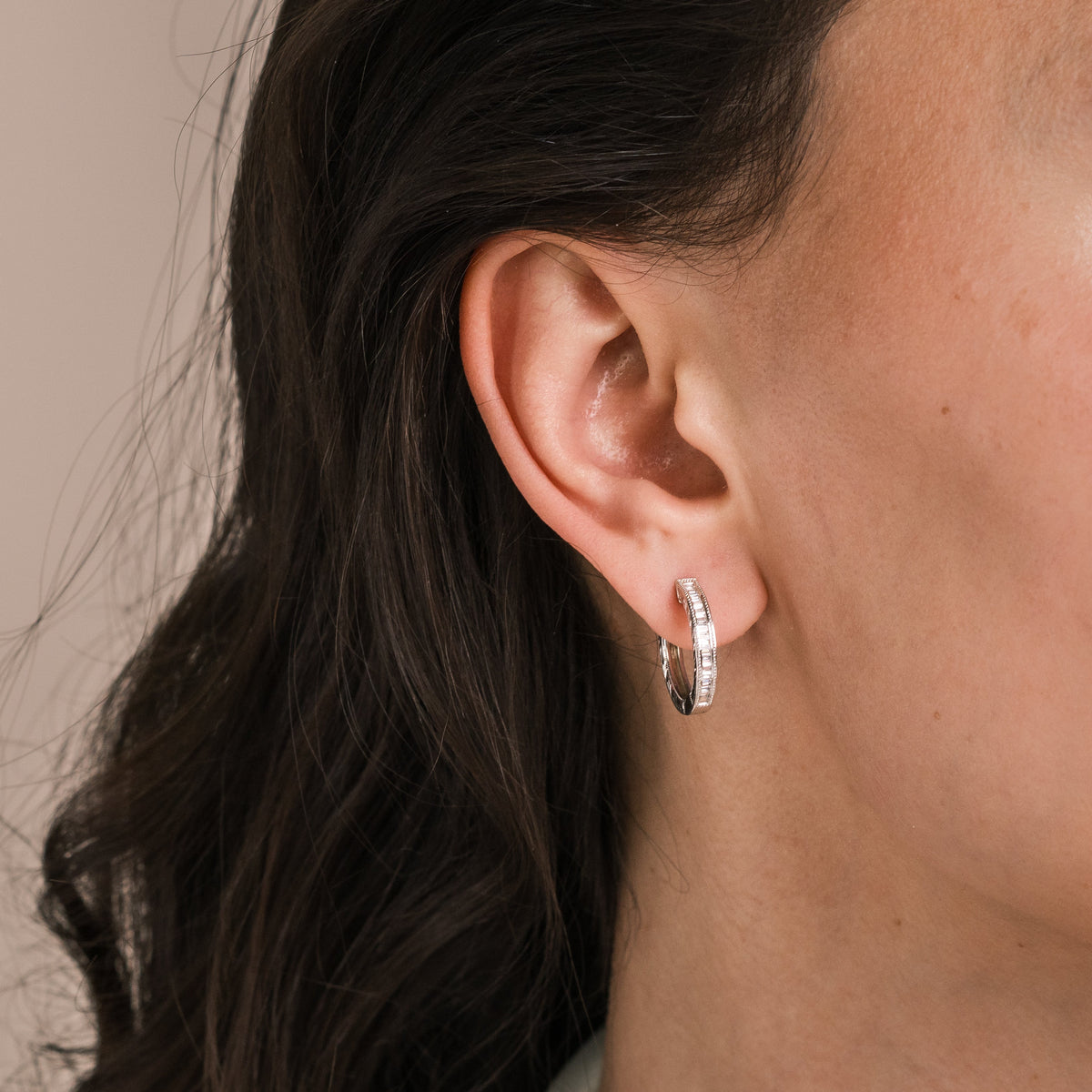 Channel Set Milgrain Baguette Diamond Hoop Earrings