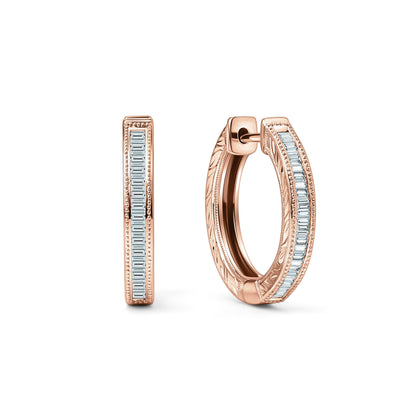 Channel Set Milgrain Baguette Diamond Hoop Earrings