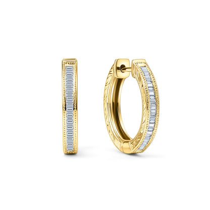 Channel Set Milgrain Baguette Diamond Hoop Earrings
