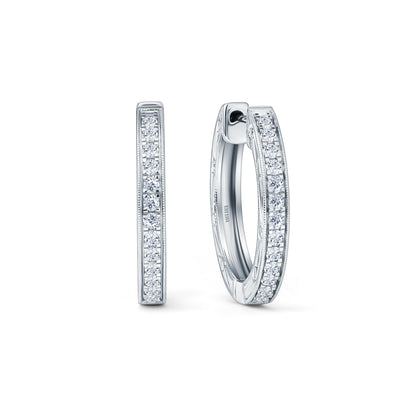 Scroll Engraved Classic Diamond Hoop Earrings