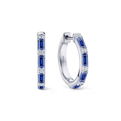 Blue Sapphire Baguette Diamond Milgrain Hoop Earrings