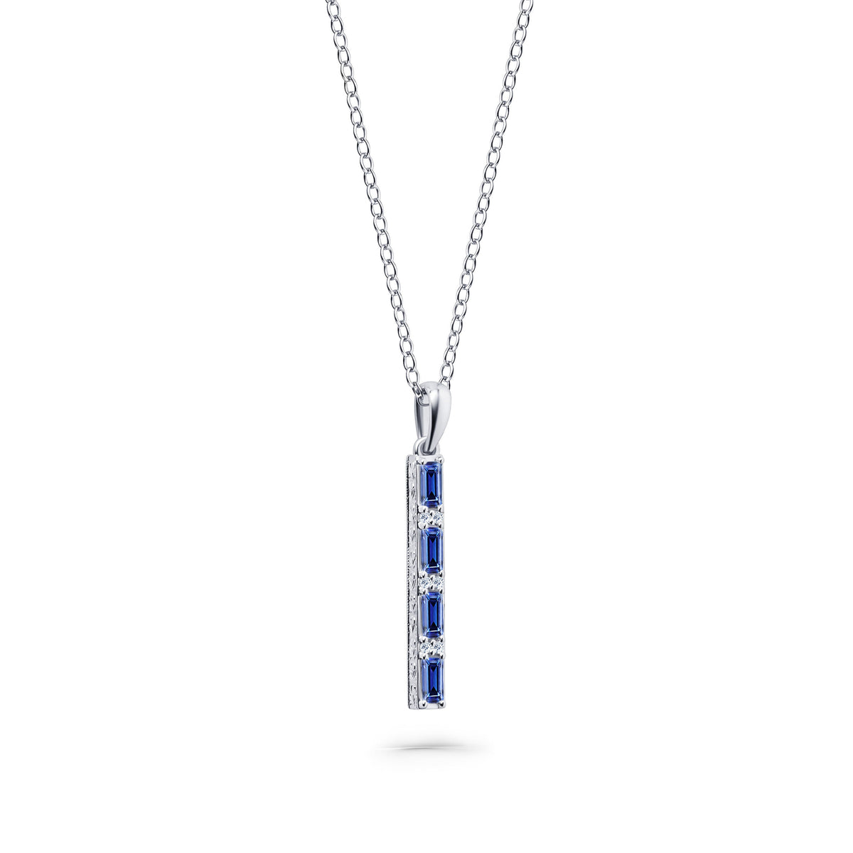 Blue Sapphire Baguette Milgrain Engraved Necklace