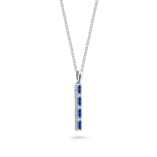 Blue Sapphire Baguette Milgrain Engraved Necklace
