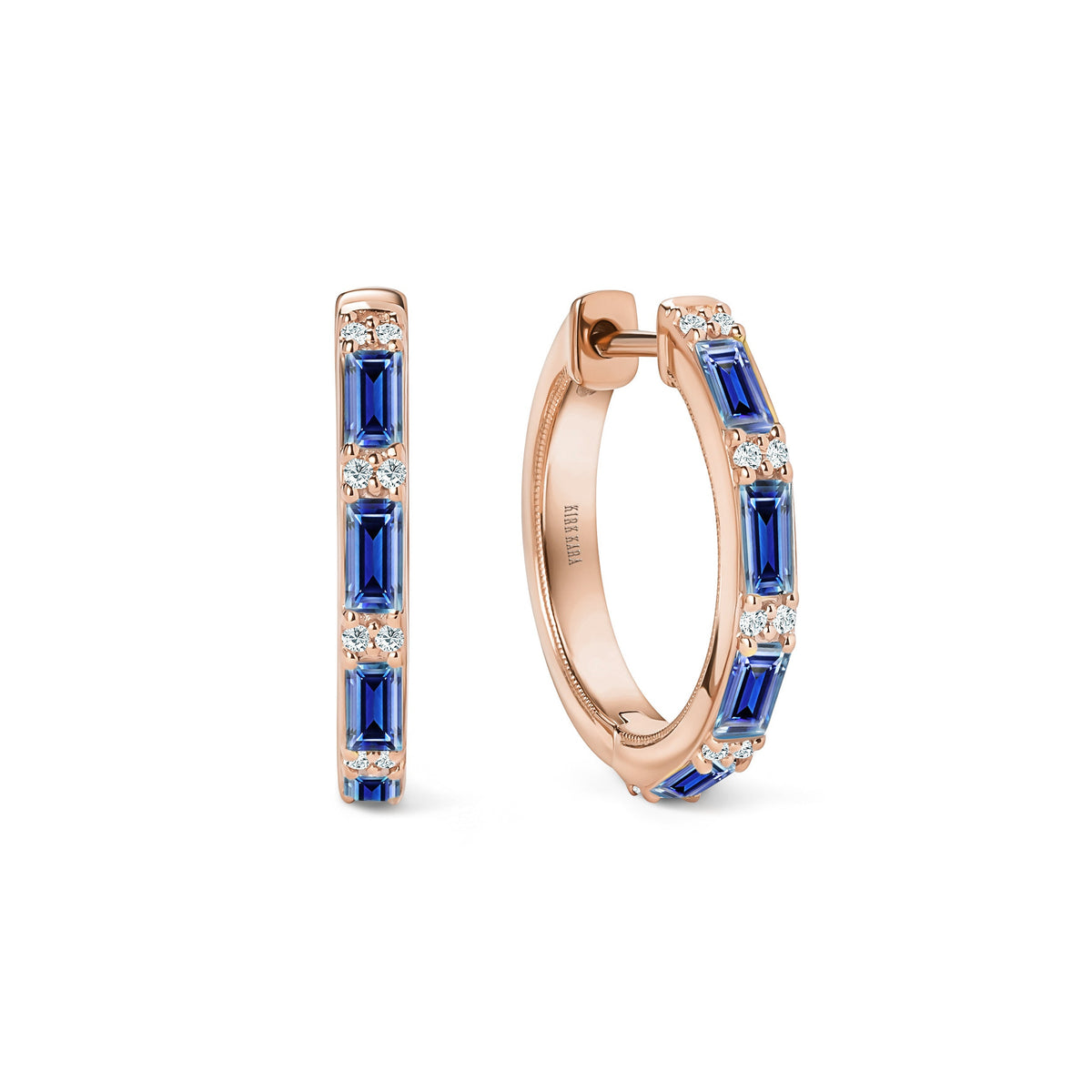Blue Sapphire Baguette Diamond Milgrain Hoop Earrings