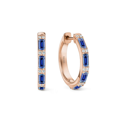 Blue Sapphire Baguette Diamond Milgrain Hoop Earrings