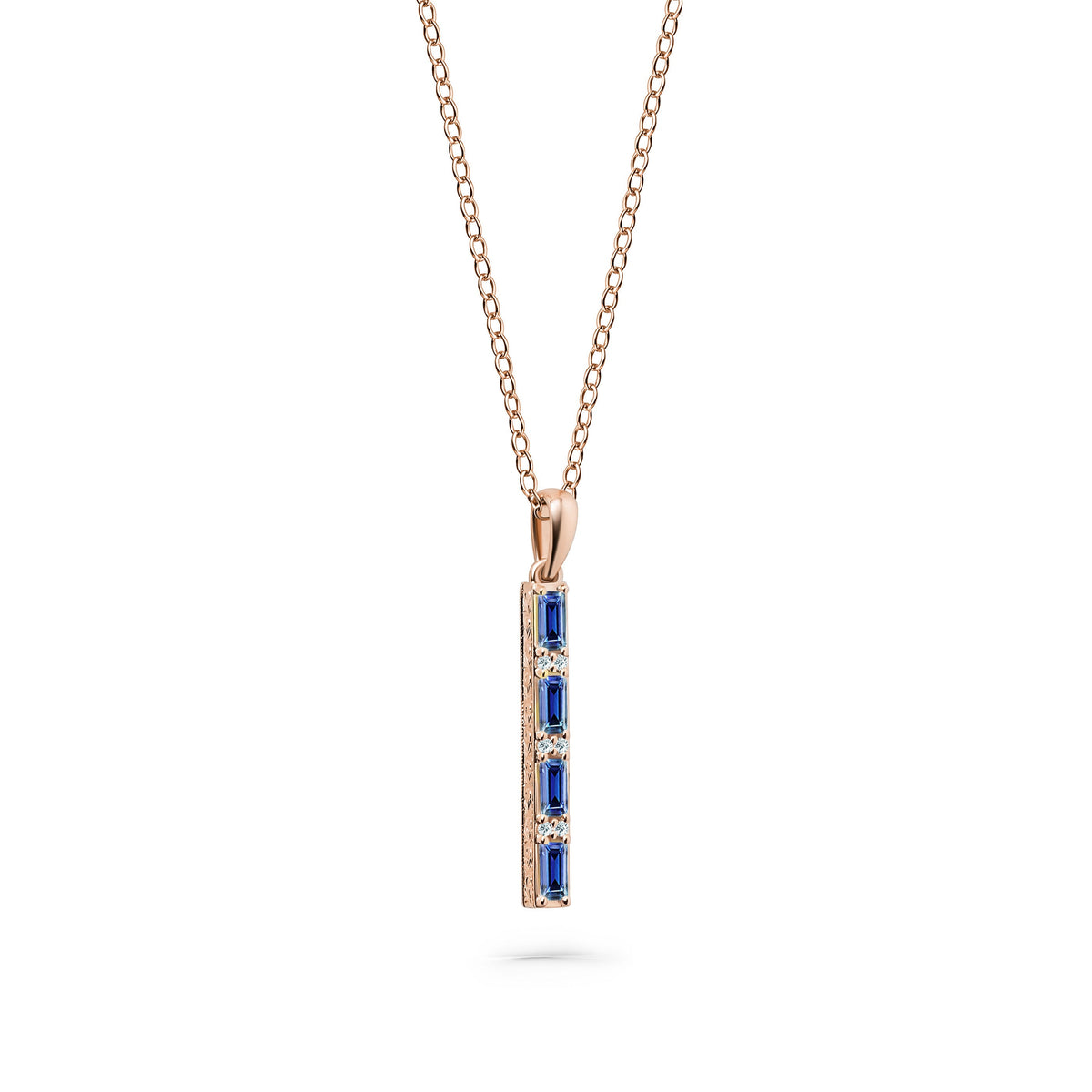 Blue Sapphire Baguette Milgrain Engraved Necklace