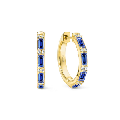 Blue Sapphire Baguette Diamond Milgrain Hoop Earrings