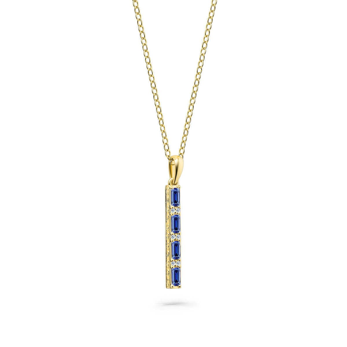 Blue Sapphire Baguette Milgrain Engraved Necklace