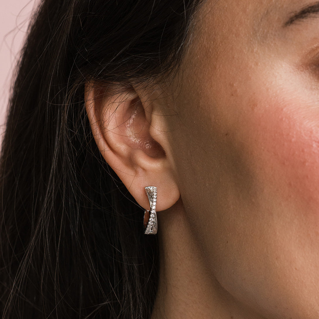 Engraved Criss Cross Diamond Hoop Earrings