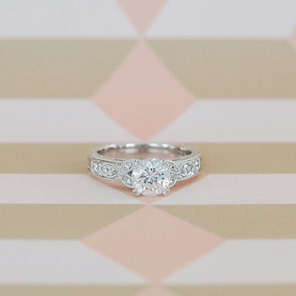 Floral Engraved Marquise Diamond Engagement Ring