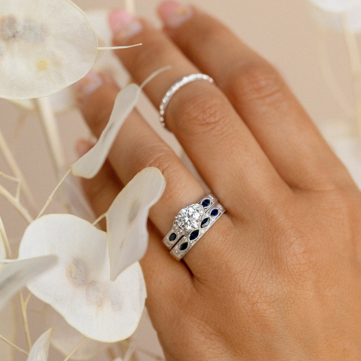 Engraved Blue Sapphire Floral Diamond Wedding Band