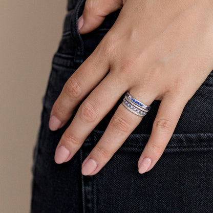 Blue Sapphire Channel Milgrain Diamond Wedding Band