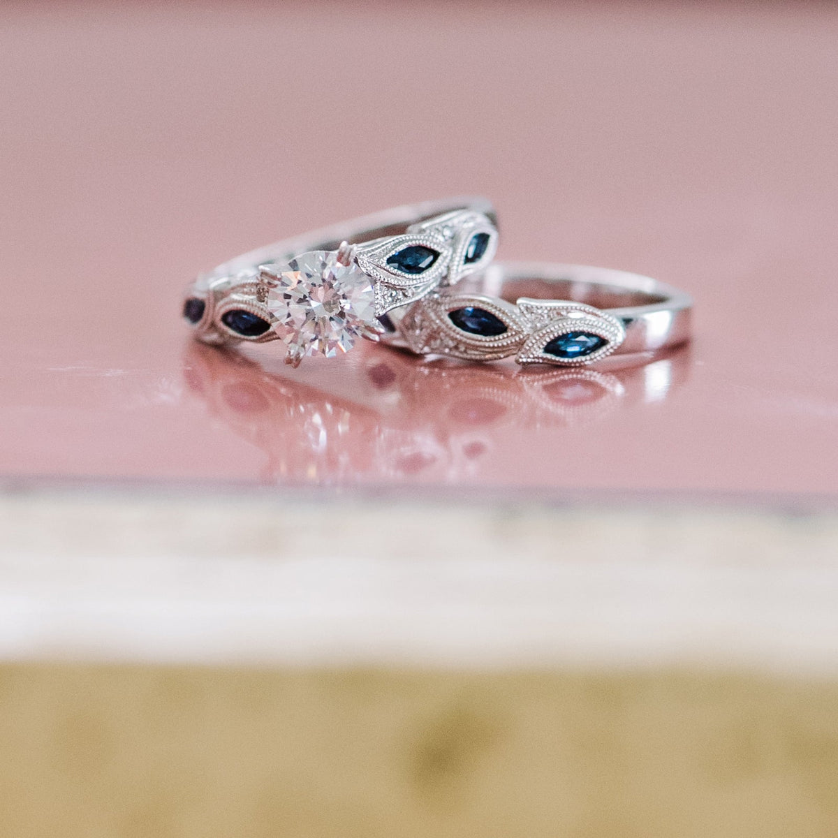 Botanical Floral Pink Sapphire Marquise Diamond Engagement Ring