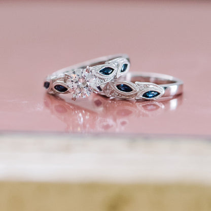 Botanical Floral Blue Sapphire Marquise Diamond Engagement Ring