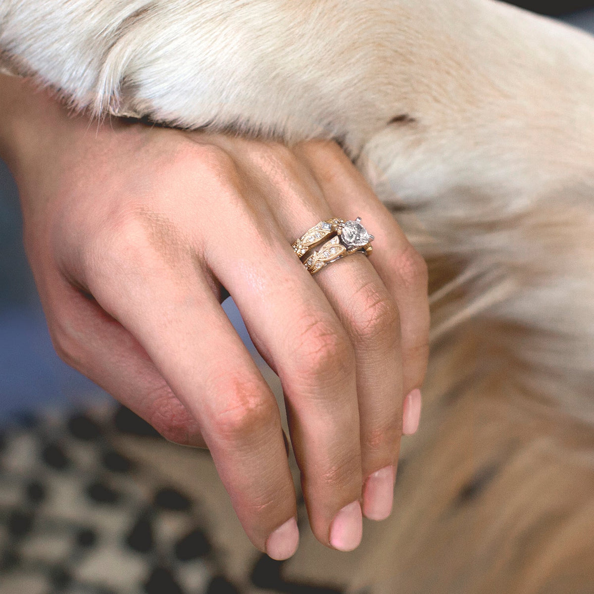 Pavé Leaf Floral Diamond Engagement Ring