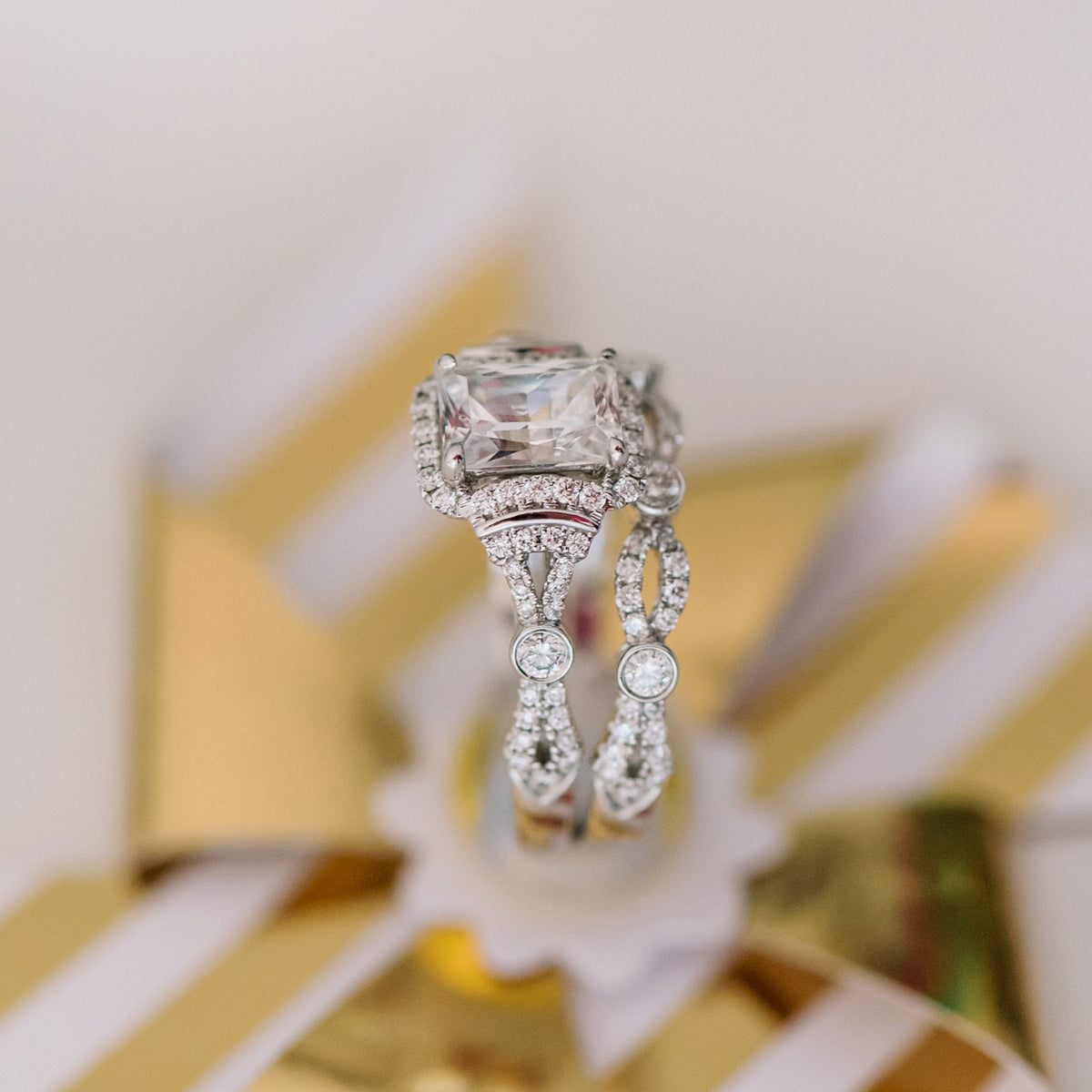 Deco Bezel Accent Halo Diamond Engagement Ring