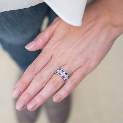 Blue Sapphire Baguette Engraved Diamond Wedding Band