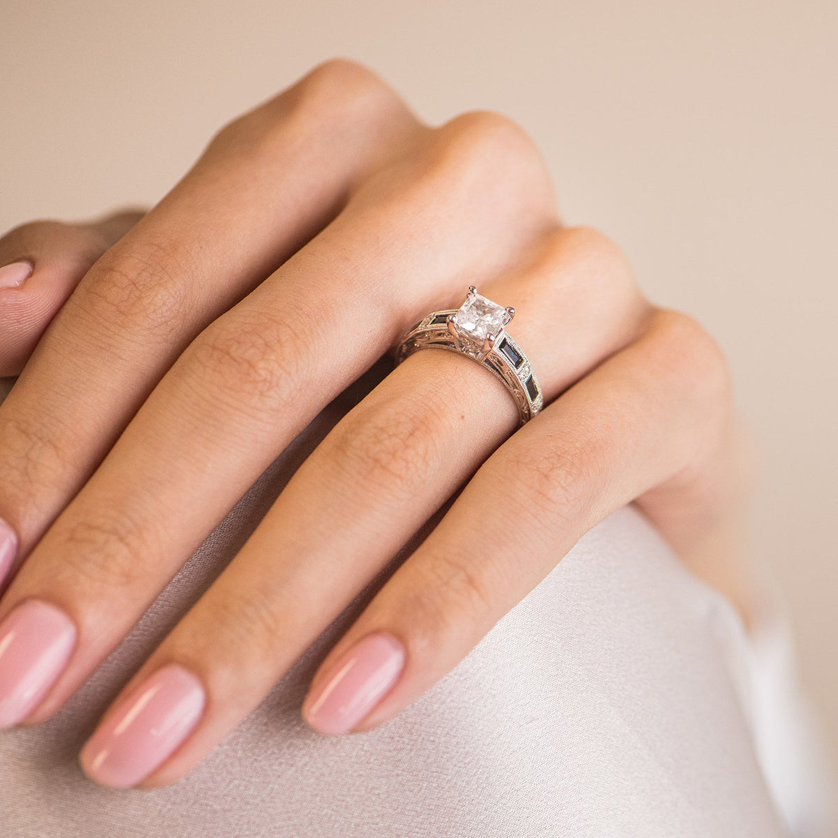Amethyst Baguette Hand Engraved Cathedral Diamond Engagement Ring