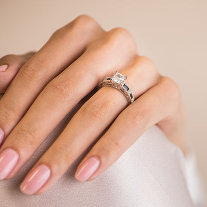Pink Sapphire Baguette Engraved Cathedral Diamond Engagement Ring