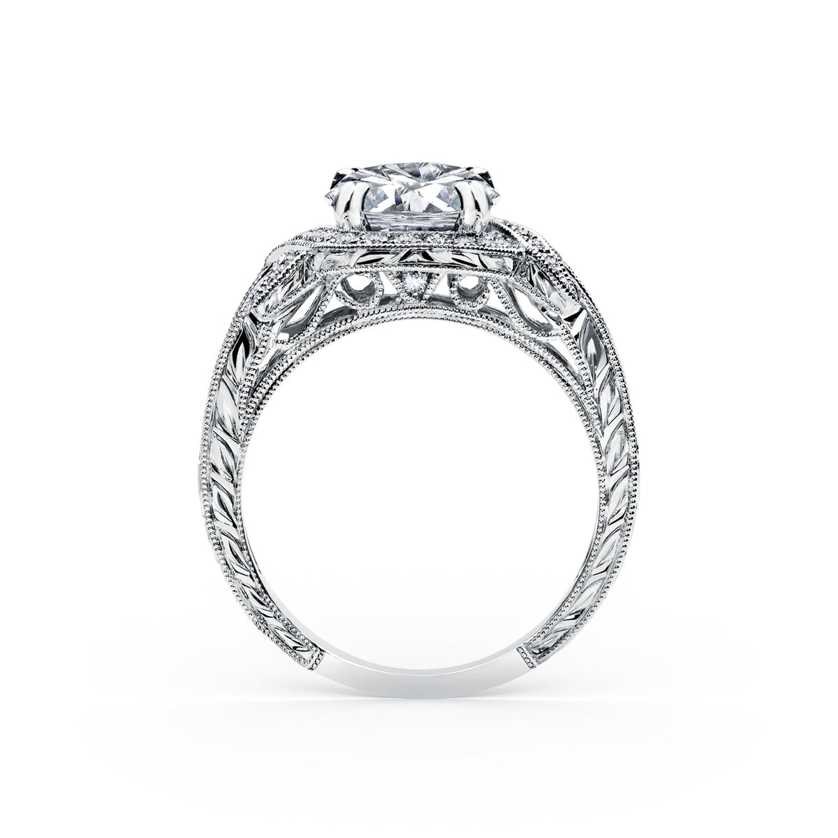 Halo Engraved Channel Set Milgrain Diamond Engagement Ring
